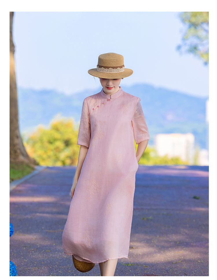 新中式棉麻女装苎麻连衣裙2024春夏新款立领国风复古改良旗袍批发详情14