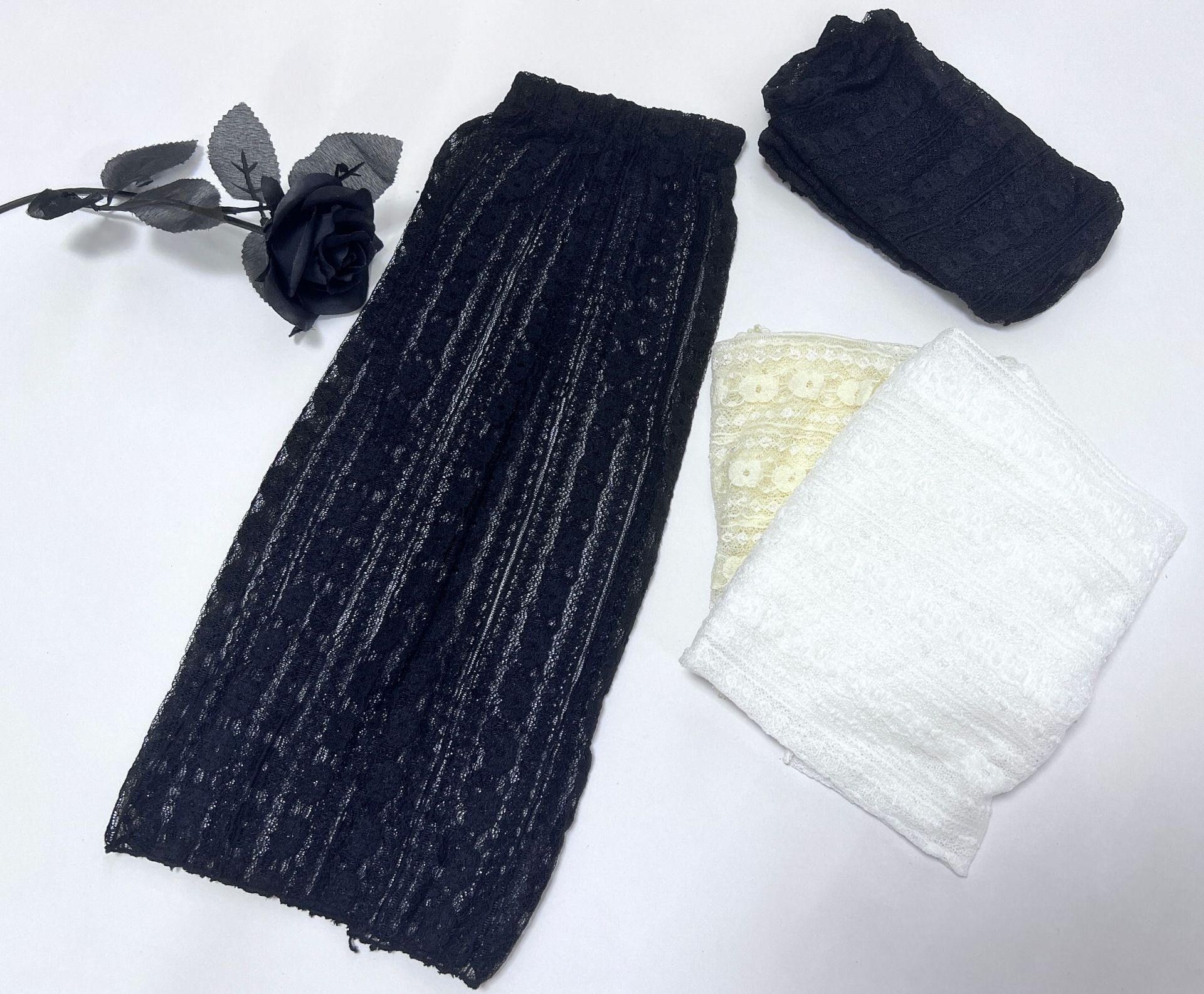 Black socks for women spring and summer, thin vertical striped small flower thin leg coverings, thick and wide leg coverings, mid-calf lace hot girl calf socks pic 7