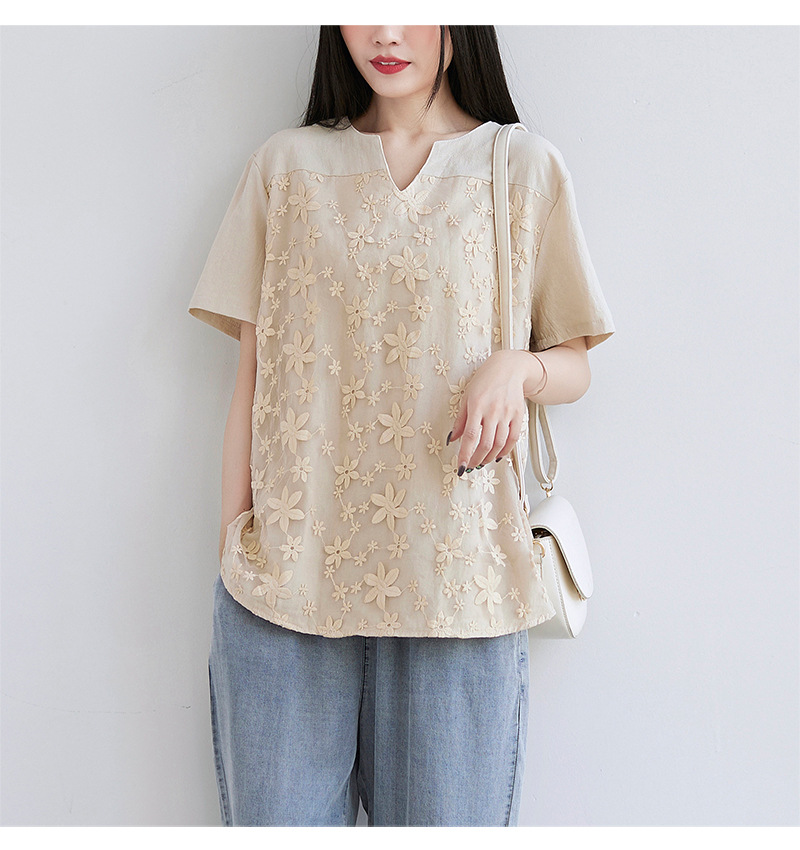2022夏季新款速卖通欧美女装蕾丝刺绣短袖衬衫宽松女士上衣T恤详情34