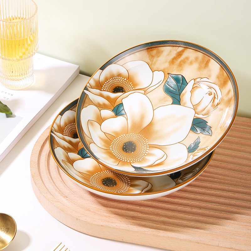 Japanese camellia ceramic bowls, plates and tableware, household rice bowls, large soup bowls, vegetable plates, popular retro bowls and plates, can be microwaved pic 4