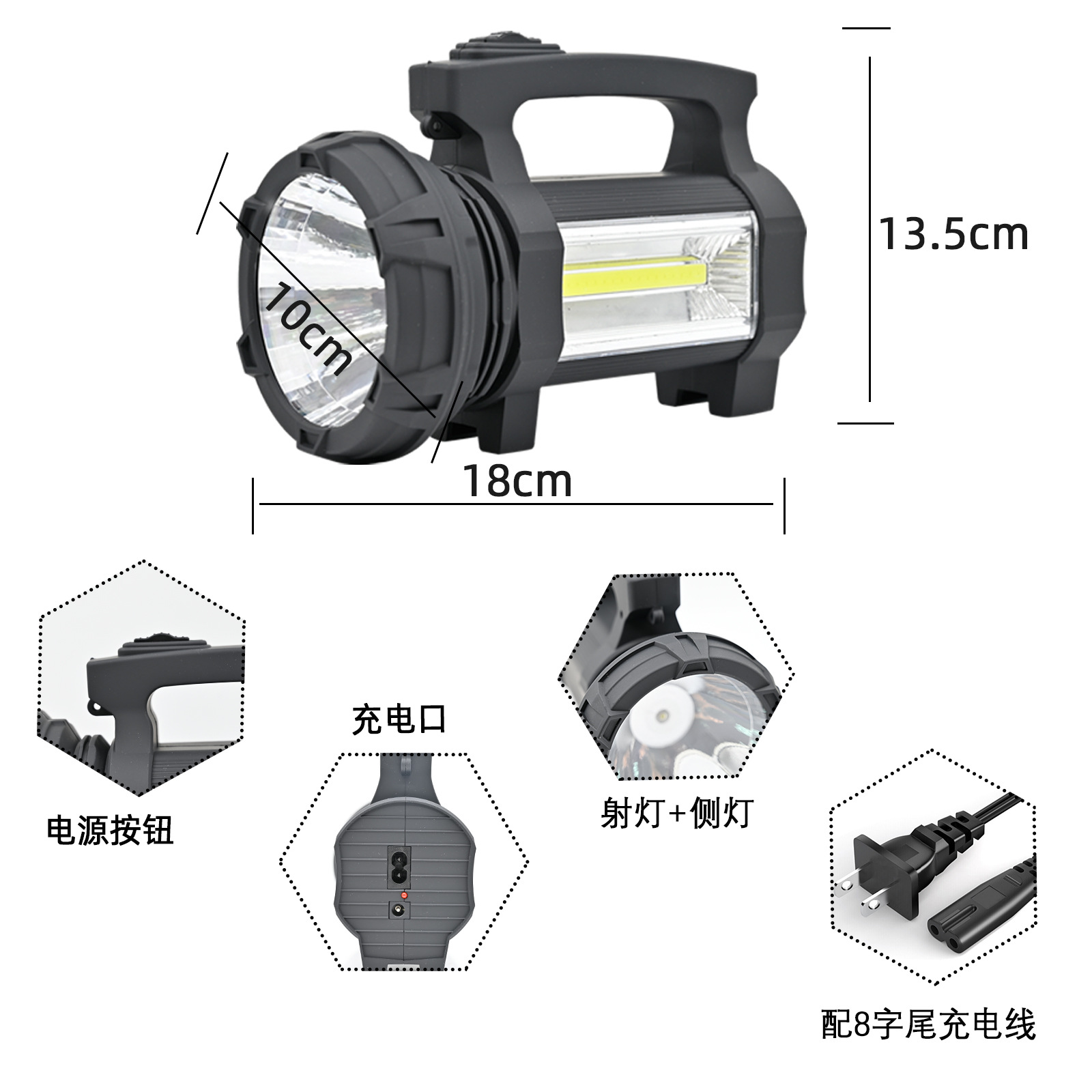 High-intensity LED searchlights, outdoor emergency camping portable lights, household work rechargeable flashlights, factory wholesale pic 2
