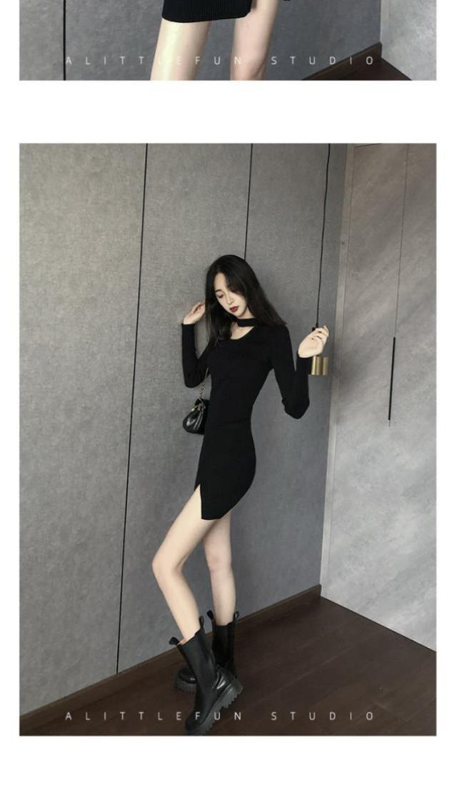 法式纯欲风性感开叉黑色针织连衣裙女秋冬设计感小众辣妹穿搭裙子详情8