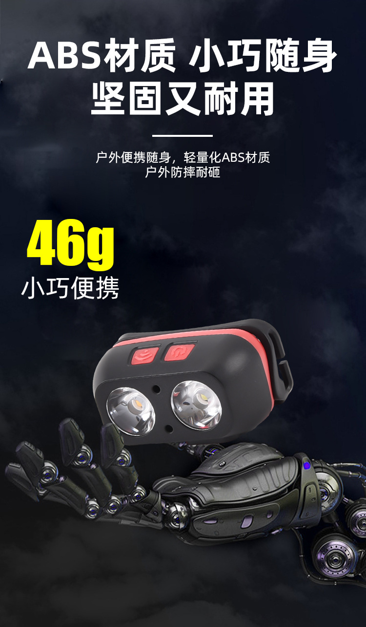 A small outdoor fishing flashlight with white and yellow dual-head light, strong charging sensor, head-mounted lighting and ultra-long battery life pic 6