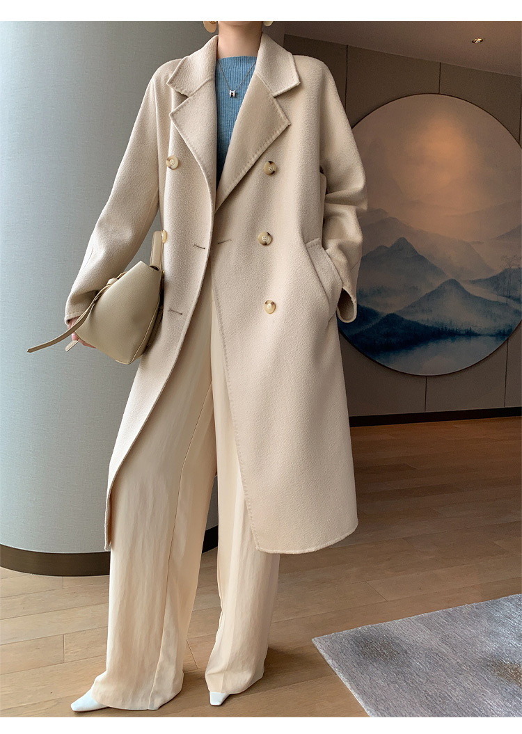 Double-sided woolen water ripple coat for women, mid-length, autumn and winter Korean style, stylish and stylish, double-breasted woolen coat pic 13