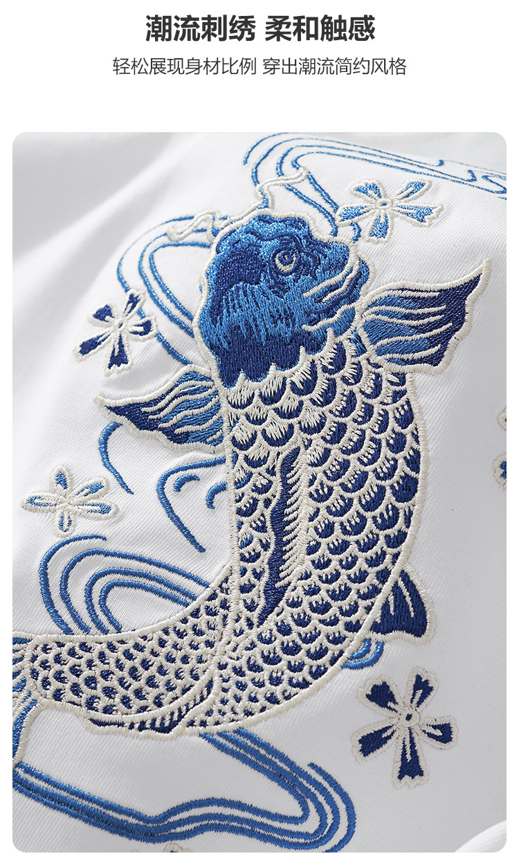 国潮夏季新款260克重磅纯棉短袖t恤男中国风锦鲤刺绣宽松大码男装批发 pic 28