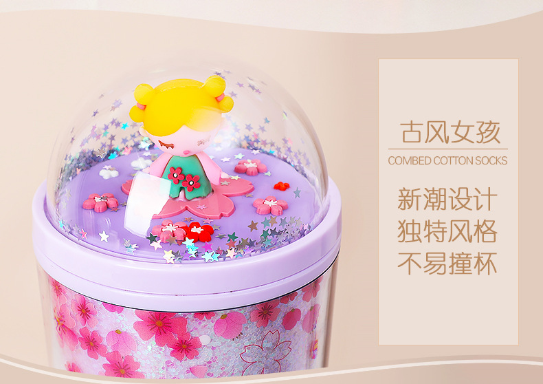 Portable water cup, internet-famous sequined double-layer summer drinking plastic ice cup, cute girl, cartoon cute double-layer for going out pic 3