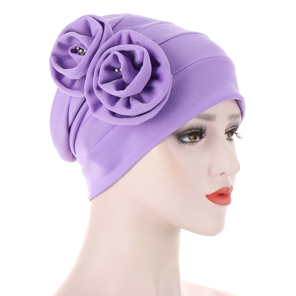 A new AliExpress style headscarf hat with two floral ribbons on the side and a flower core, a Muslim pullover hat pic 6