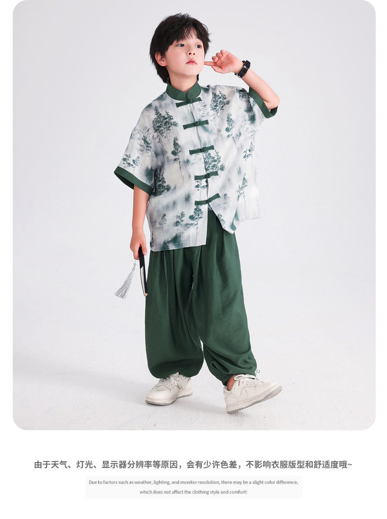国潮男童夏季日常可穿汉服短袖套装2025新款小学生儿童古装演出服唐装详情7