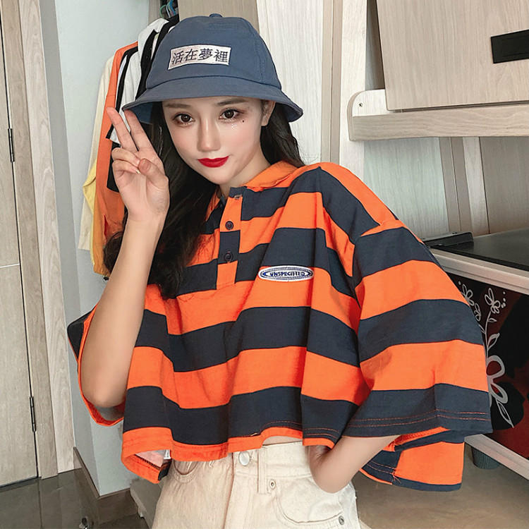 Real photos of Japanese-style retro polo shirts for women in summer, short-sleeved loose Hong Kong-style half-sleeved T-shirts, and summer tops pic 17