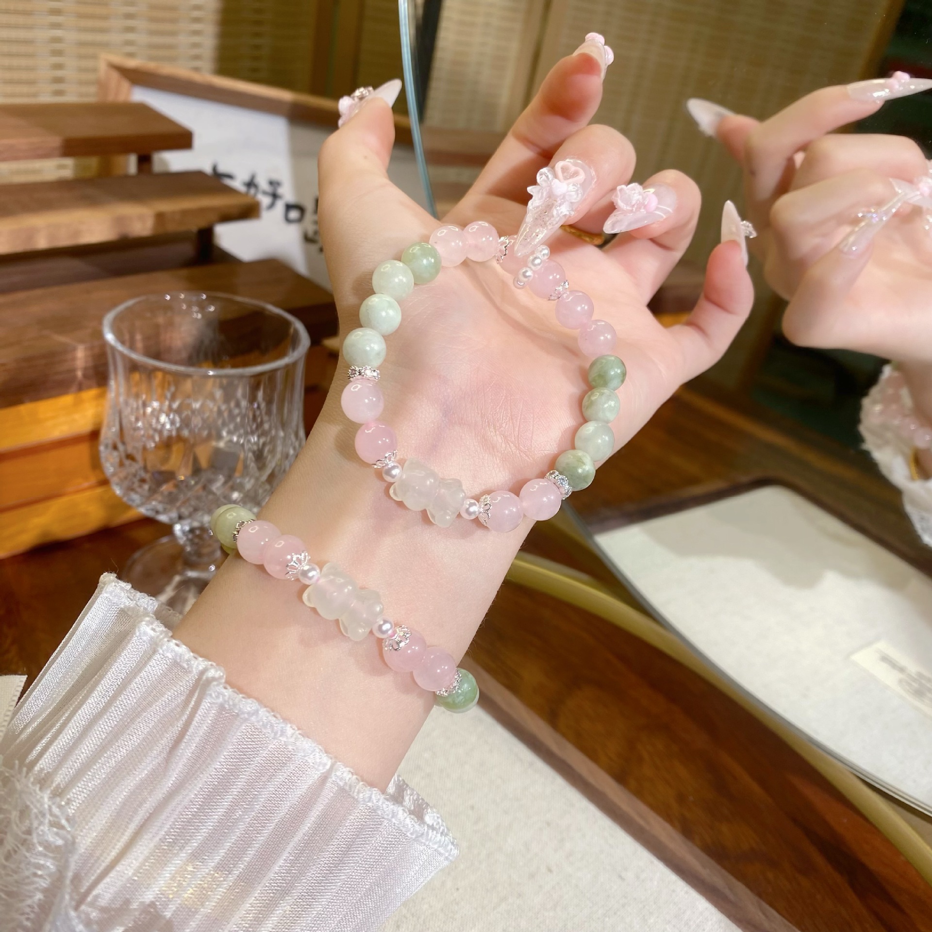 2025 Fresh and Natural Stone Powder Crystal Original Handmade White Crystal Bear Bracelet, source factory, fashionable bracelet pic 5