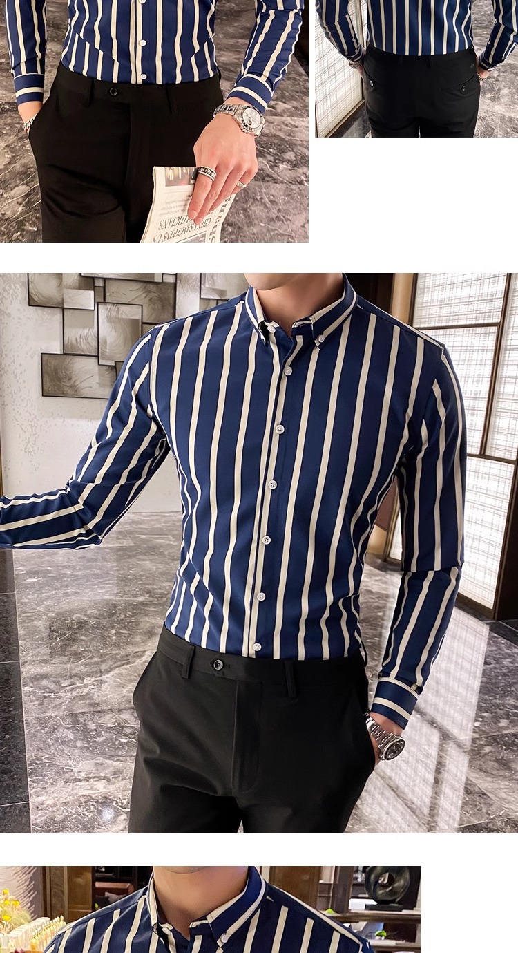 2025春季新款时尚条纹男士长袖衬衫显瘦韩版时尚修身青年帅气衬衣详情12
