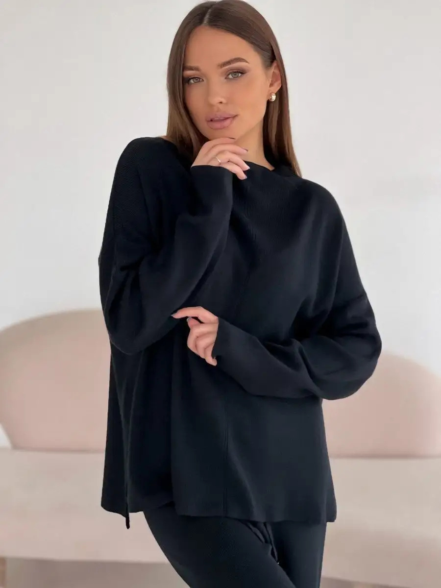 秋冬俄罗斯长袖宽松休闲长裤毛衣套装女跨境欧美热卖开叉套装详情9