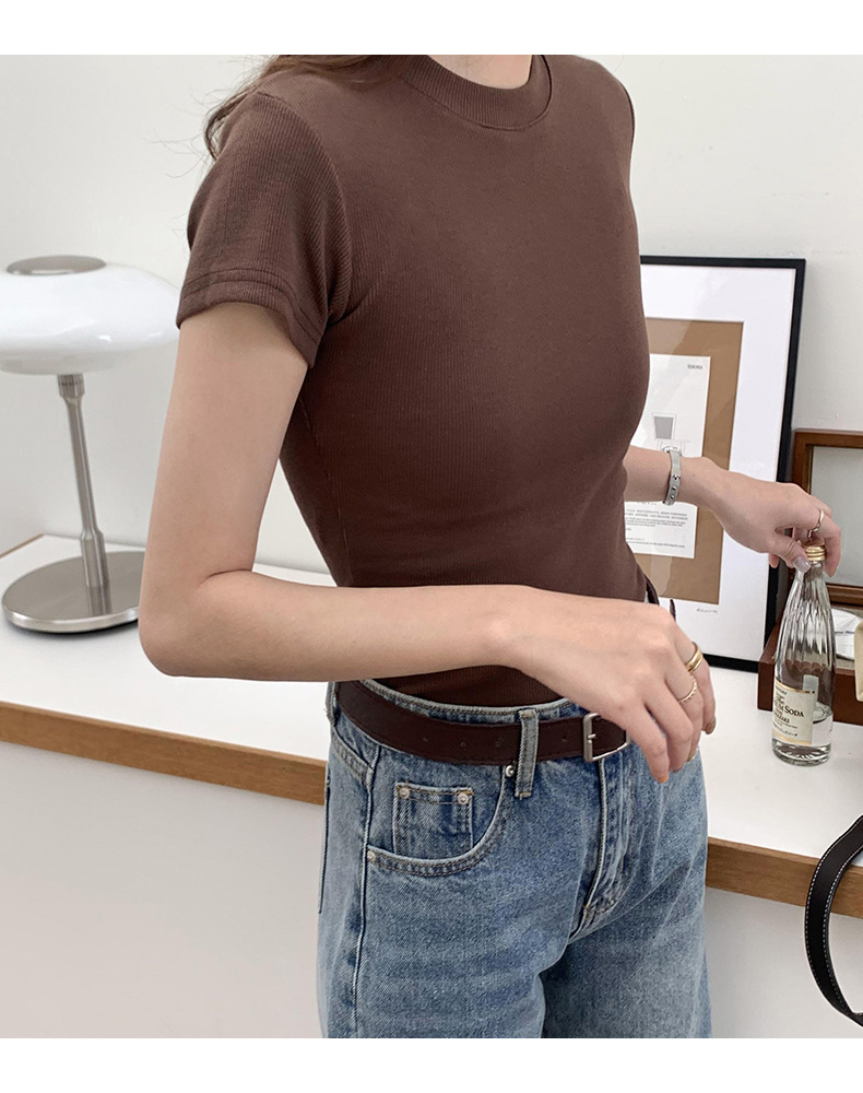 European and American style ribbed off-the-shoulder T-shirt for women, new summer style, slimming and figure-hugging, round-neck, layering short base layer pic 19