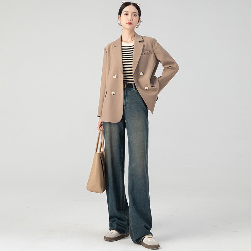 HEY+JEANS高端设计感复古牛仔裤女春秋新款高腰显瘦显高微喇长裤详情4