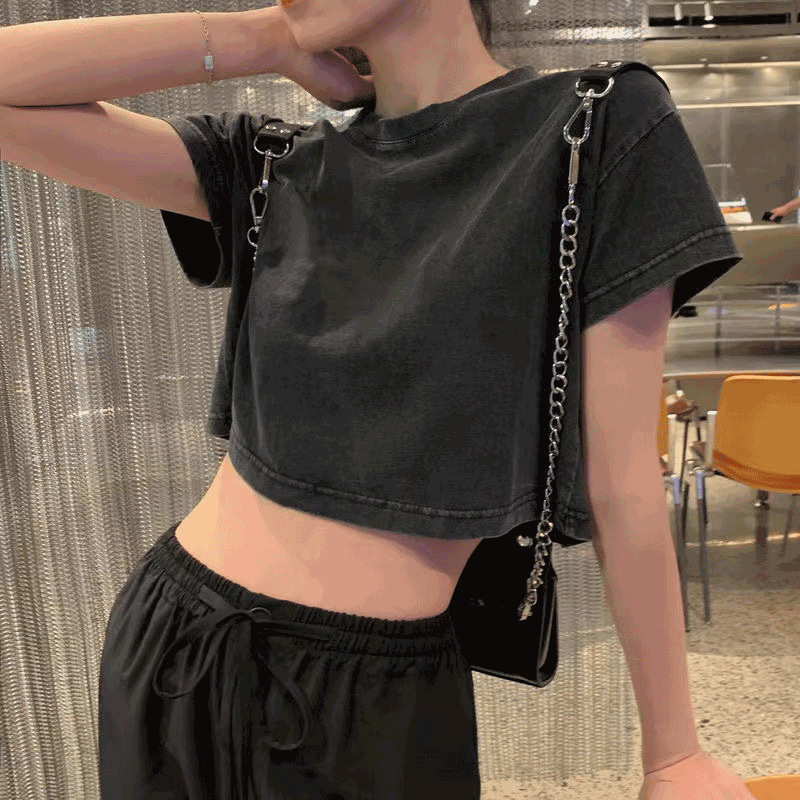 2023年新款短袖t恤女夏季黑色打底衫纯棉短款修身复古露肚脐上衣详情1