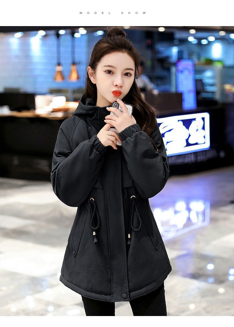 加绒加厚中长款风衣女2022新款韩版百搭小个子宽松连帽棉服外套女详情26