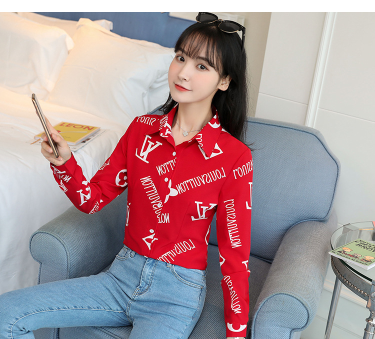 New spring and autumn Korean-style slim-fit shirt for women, long-sleeved printed striped trendy base layer, Hong Kong-style top for women pic 48