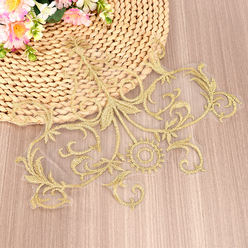 Golden flat embroidered lace embroidered trim for wedding dresses, evening gowns, home textiles and clothing DIY handmade accessories golden lace pic 1