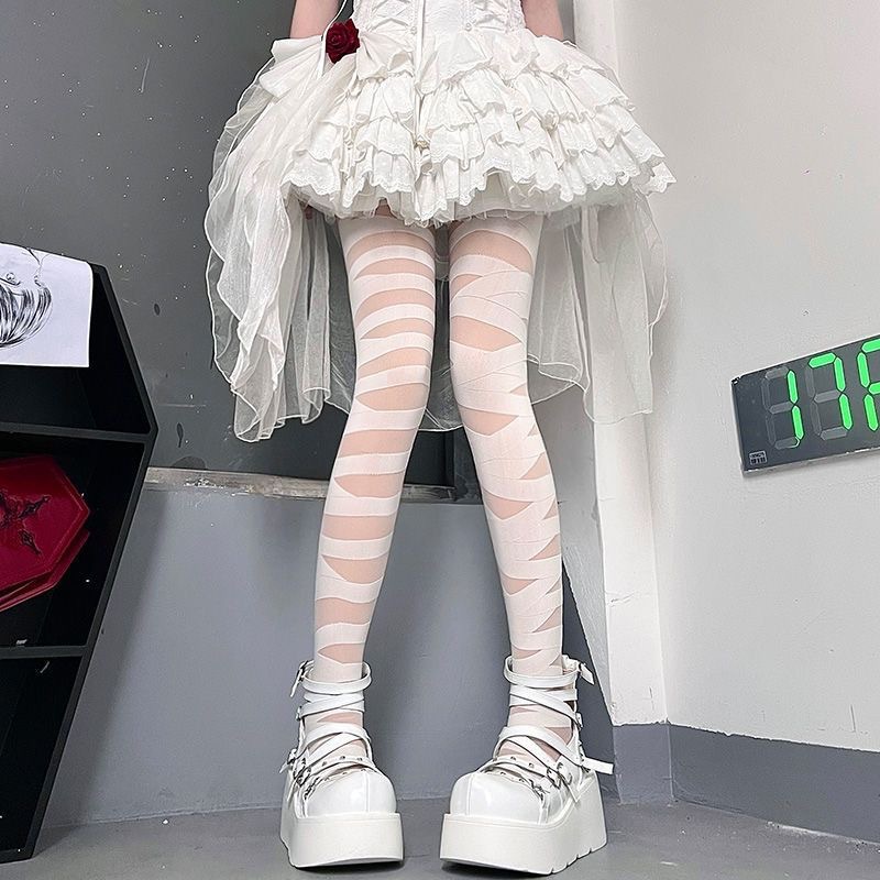 lolita交叉绑带白丝袜女夏季薄款纯欲黑丝性感朋克辣妹条纹连裤袜详情6