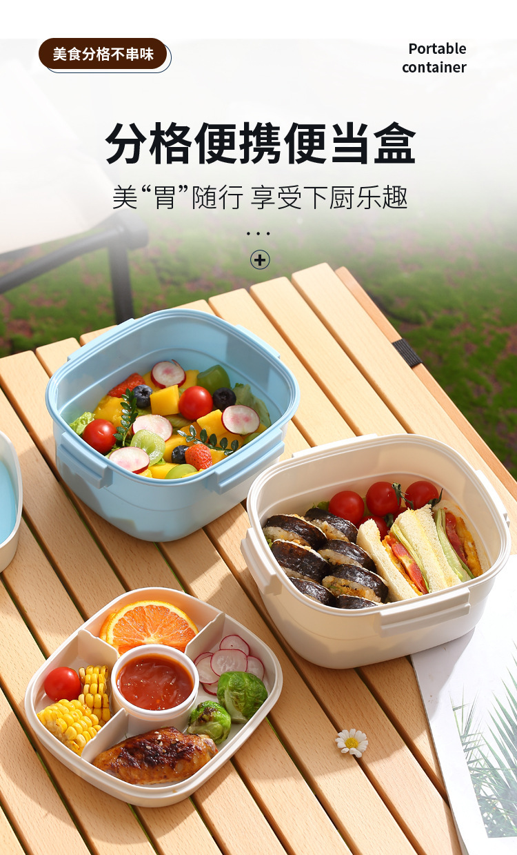 ISN户外露营保冷便携双层沙拉盒 大容量分格野餐食品级塑料保鲜盒详情1