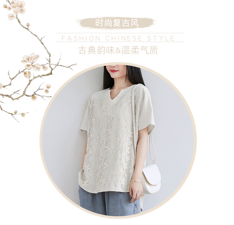 2022夏季新款速卖通欧美女装蕾丝刺绣短袖衬衫宽松女士上衣T恤详情2