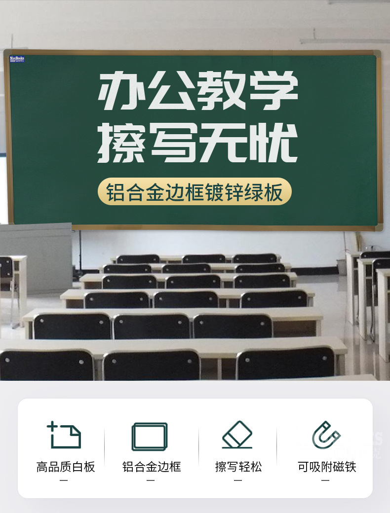 厂家供应挂式铝合金镀锌底单面磁性绿板黑板白板办公教学写字板详情3