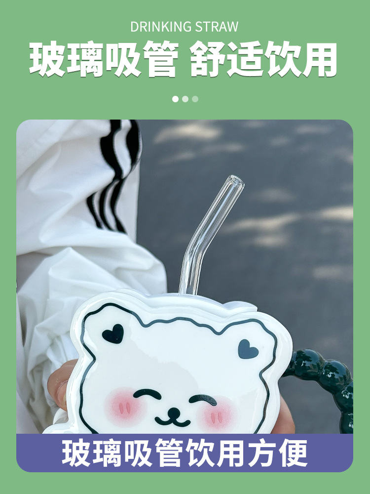 萌小熊陶瓷杯可爱女马克杯带盖创意牛奶陶瓷杯家用办公室吸管水杯详情7