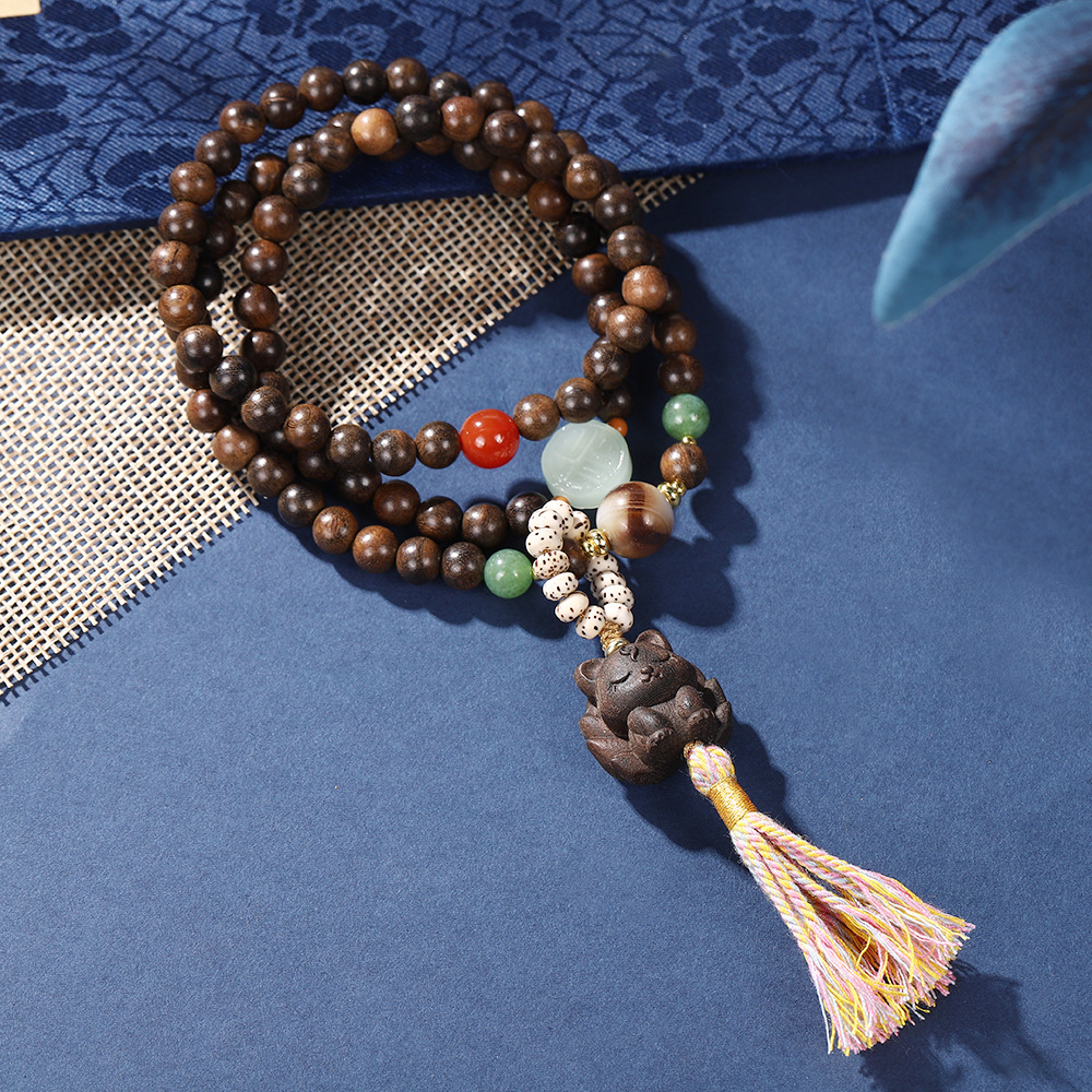 国潮藏式复古沉香木福字锁吊坠手链新中式多圈九尾狐流苏文玩佛珠手串详情7