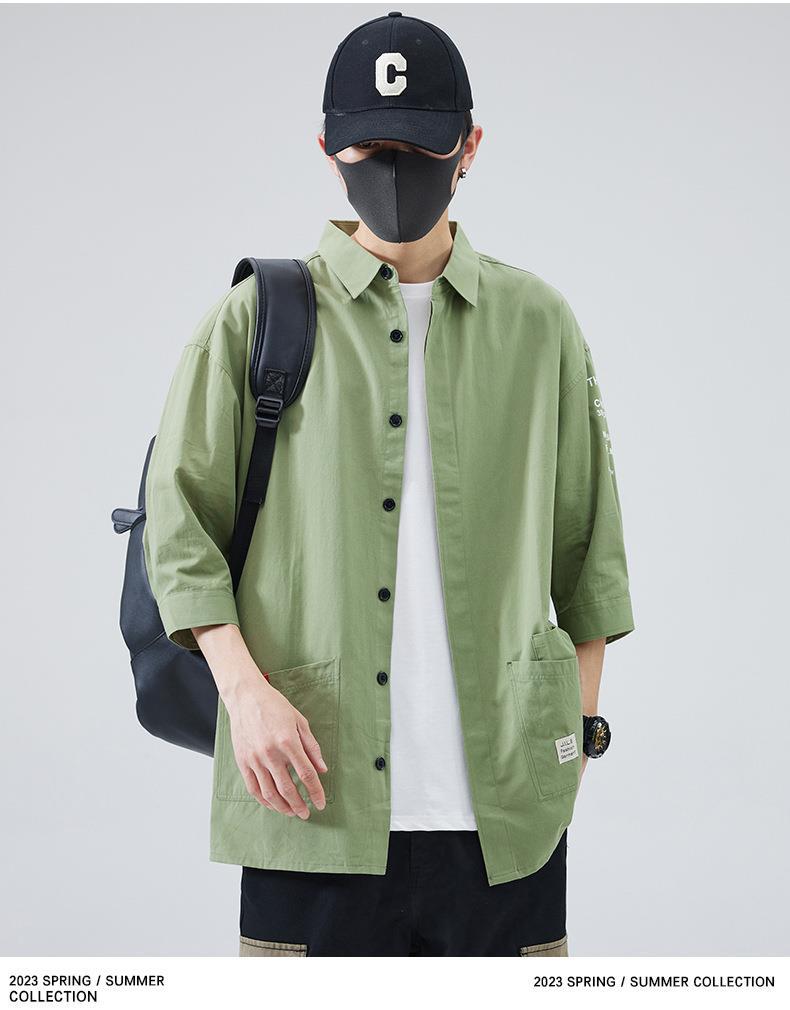 衬衫男士夏装新款韩版帅气潮流短袖衬衣服休闲学生七分袖外套寸衣详情10