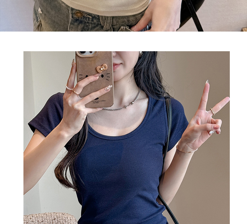 螺纹大圆领正肩短袖t恤女式夏季内搭显瘦高级感纯欲T恤上衣打底衫详情19