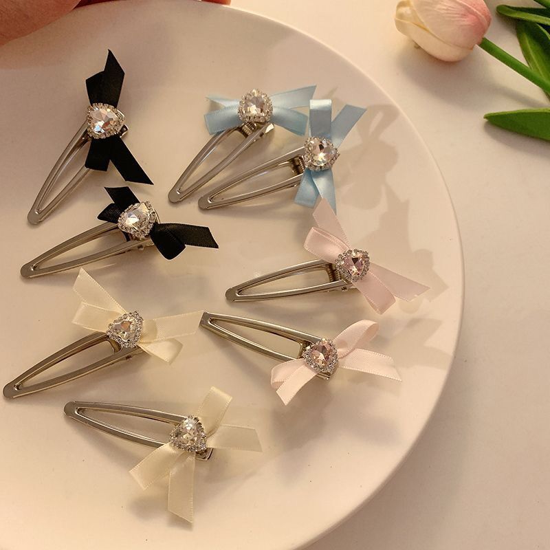 y2k Girl Heart Heart water Diamond pink bow hair clip, female bangs side hair clip, sweet duckbill hair accessory pic 2