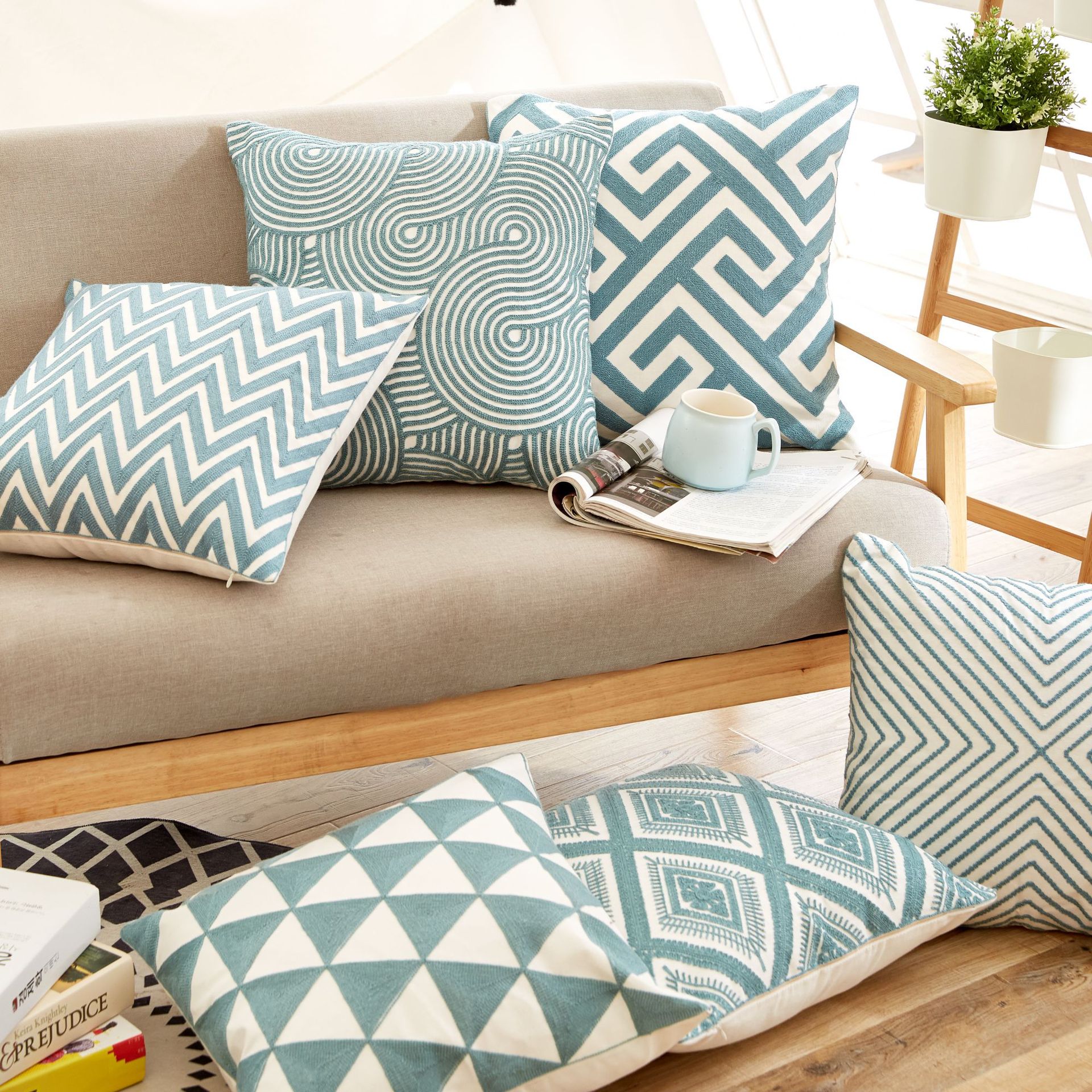 北欧简约几何线条沙发抱枕办公室棉麻刺绣靠垫外销亚马逊枕套详情5