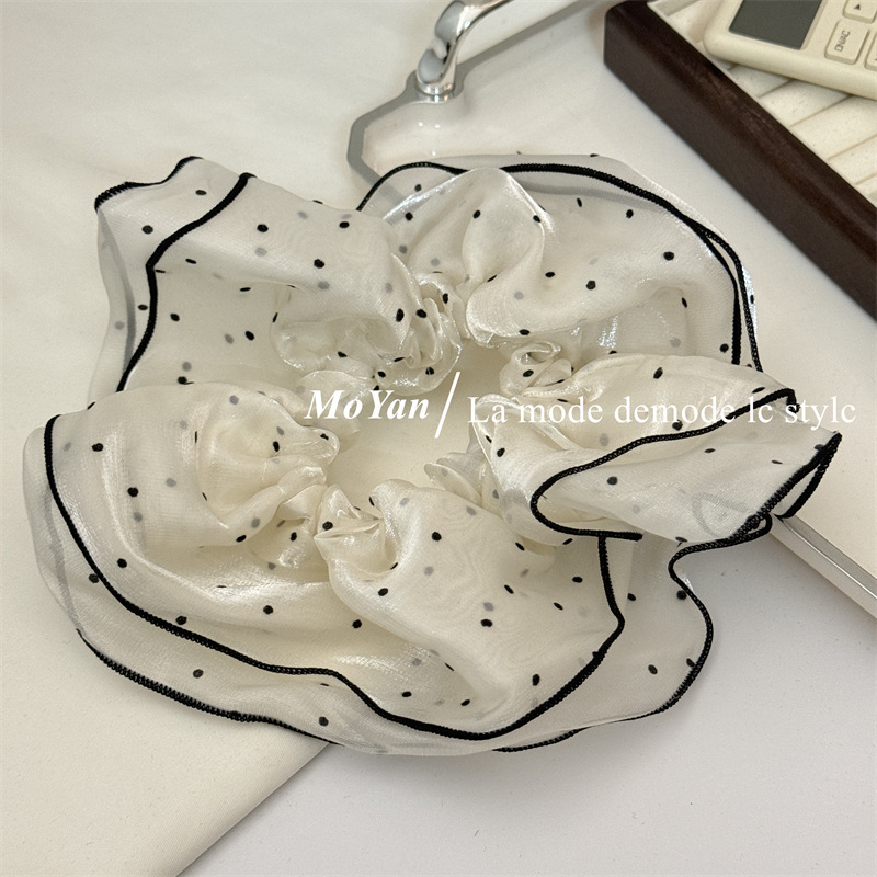 Double-layer fluffy cloud polka dot pearlescent gauze large intestine hair band, elegant bun hairstyle hair tie 2024 ponytail hair tie hair accessory pic 6