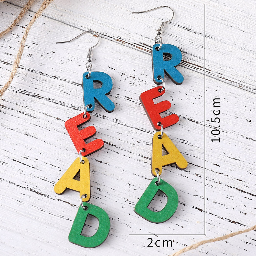 The popular cross-border color letter READ earrings from Europe and America are double-sided wooden earrings for students and teachers during the back-to-school and graduation seasons pic 8