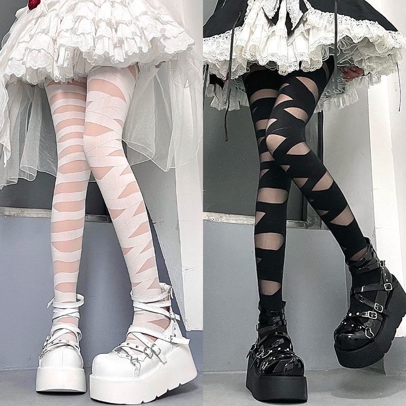 lolita交叉绑带白丝袜女夏季薄款纯欲黑丝性感朋克辣妹条纹连裤袜详情16
