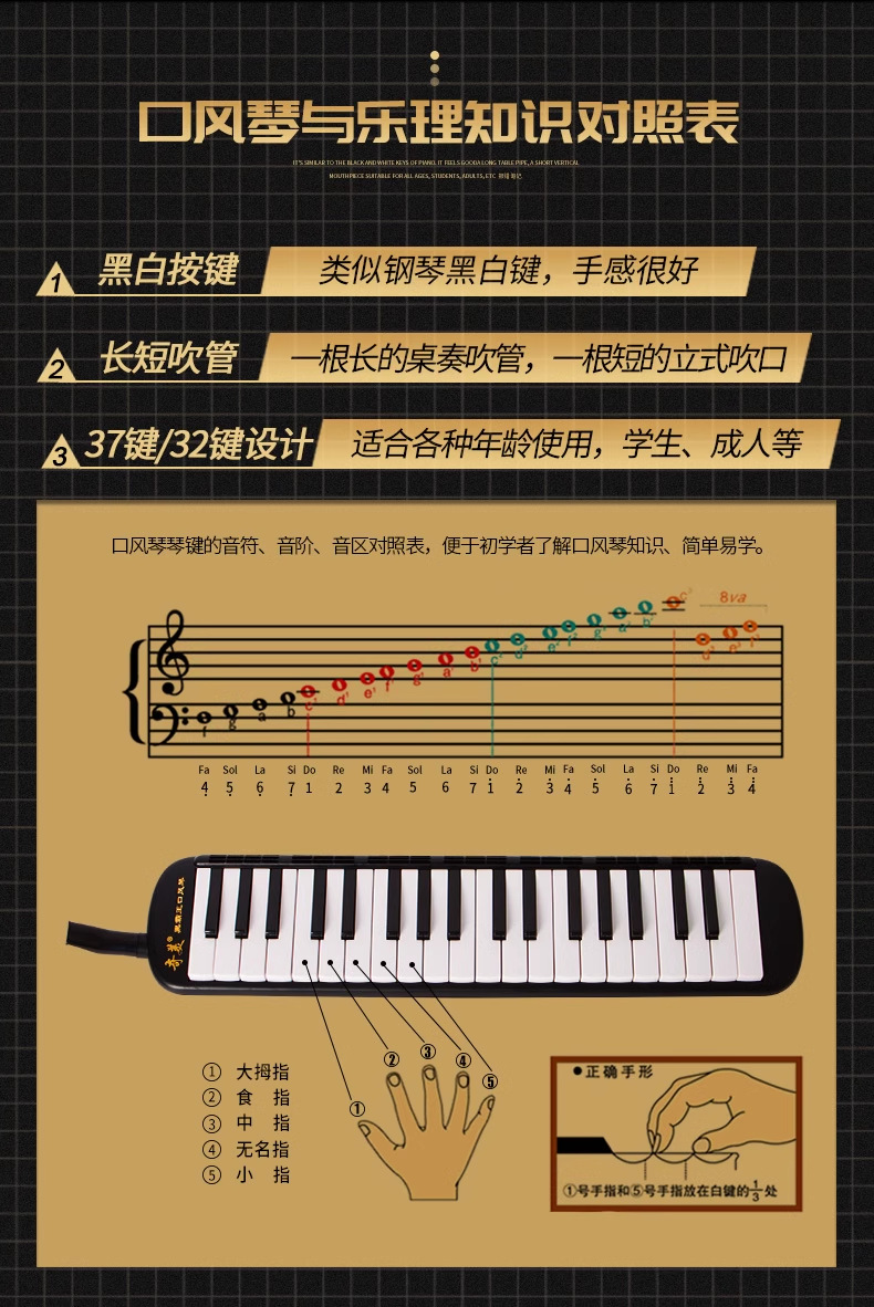 奇美黑霸王口风琴37键学生用教学儿童初学专业皮革软包黑色口风琴详情9