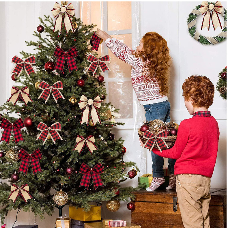 美丝源直销亚玛逊红黑格子蝴蝶结圣诞part装饰丝带格子蝴蝶结详情18