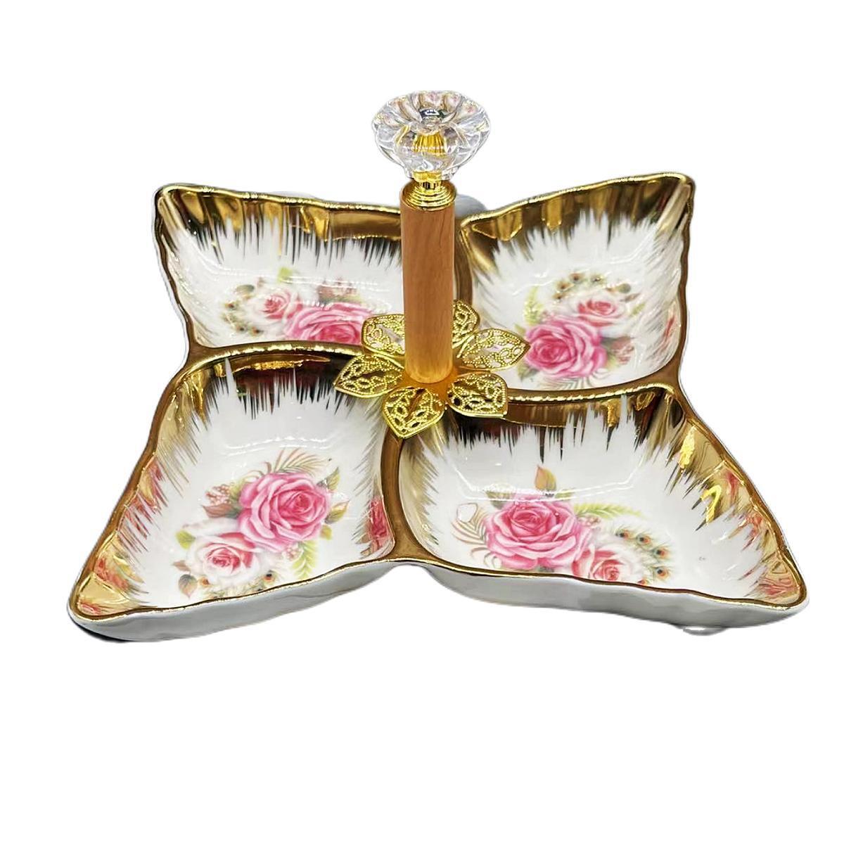 A pure white petal-shaped fruit platter with electroplated gold and multiple compartments, a hand-held restaurant banquet food platter pic 25
