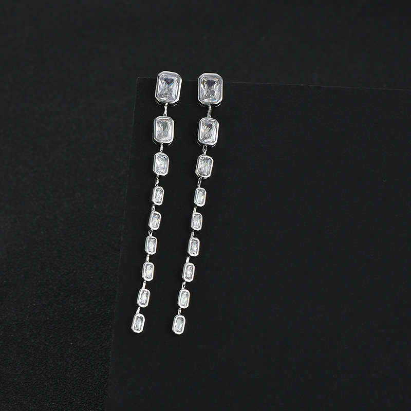 S925银针韩版时尚气质耳钉女高级感几何方糖项链精致百搭流苏耳环详情9