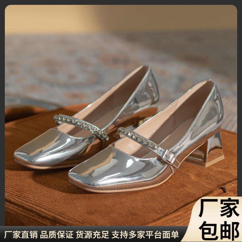 法式玛丽珍方头单鞋女2024春夏新款粗跟中跟女鞋百搭花朵绸缎鞋子详情6