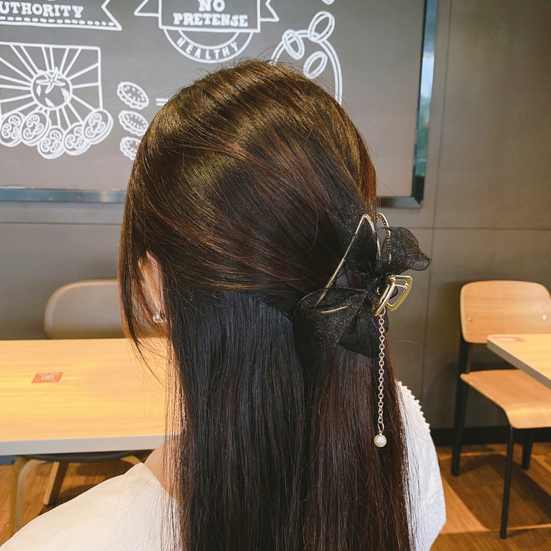 Mesh bow clip, Korean-style pearl tassel pendant hair clip, ancient style, super ethereal hair accessory, updo, shark clip pic 13