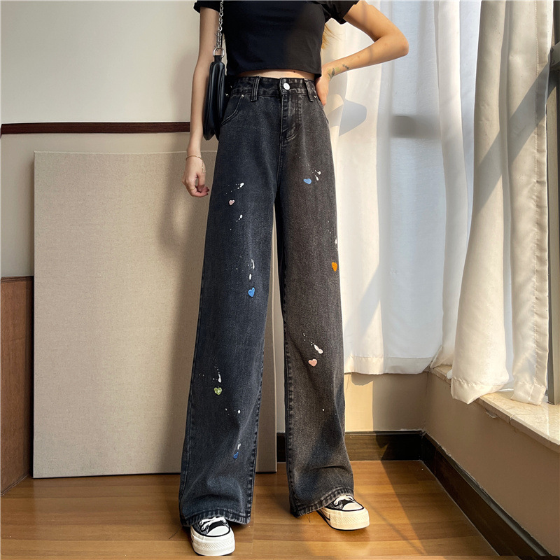 The new Korean style high-waisted straight-leg loose, slimming, wide-leg black floor-length jeans for women in spring and summer are trendy pic 3