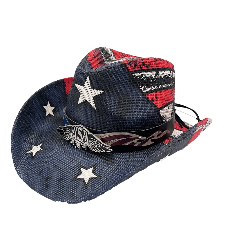 European and American western cowboy hats, cross-border American flag cowboy hats, paper straw hats, casual, retro and versatile sun hats pic 4