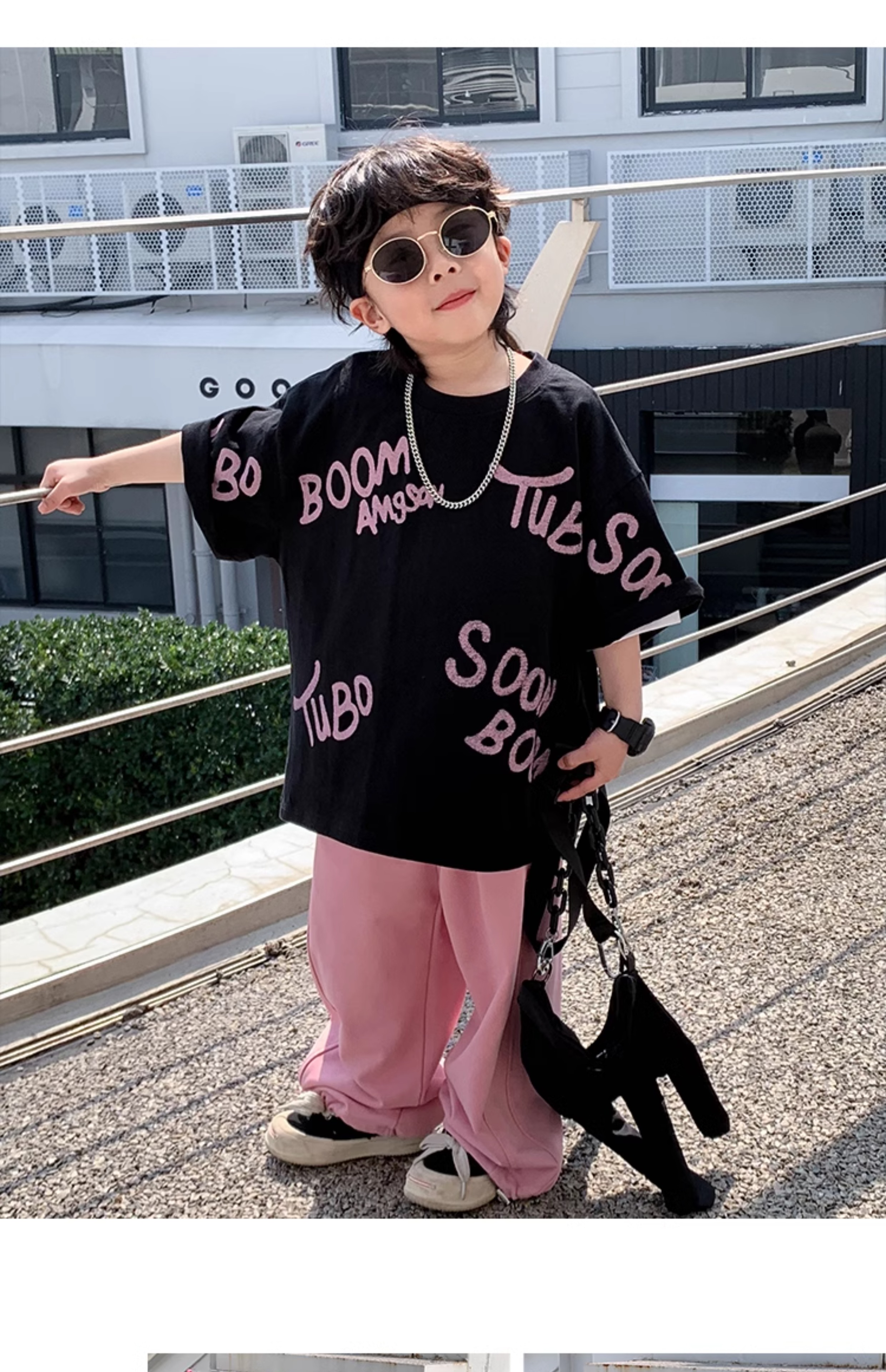 小小郑童装儿童夏装中大童痞帅棉粉黑字母男童短袖t恤2024新款详情12