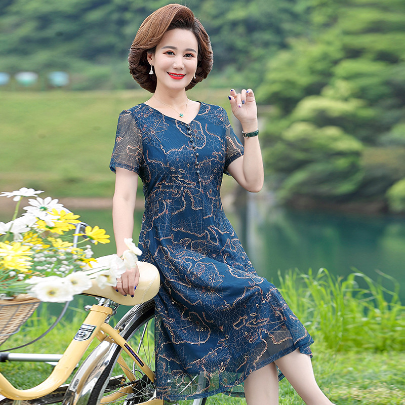 年轻妈妈时尚雪纺连衣裙加大码女中长款短袖夏季新款遮肚过膝长裙详情3