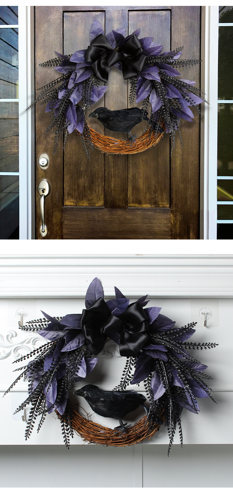 Zonghong Halloween Bow Crow Wreath Door Hanging Realistic rattan Ring Wreath Horror Party Decoration Pendant pic 3