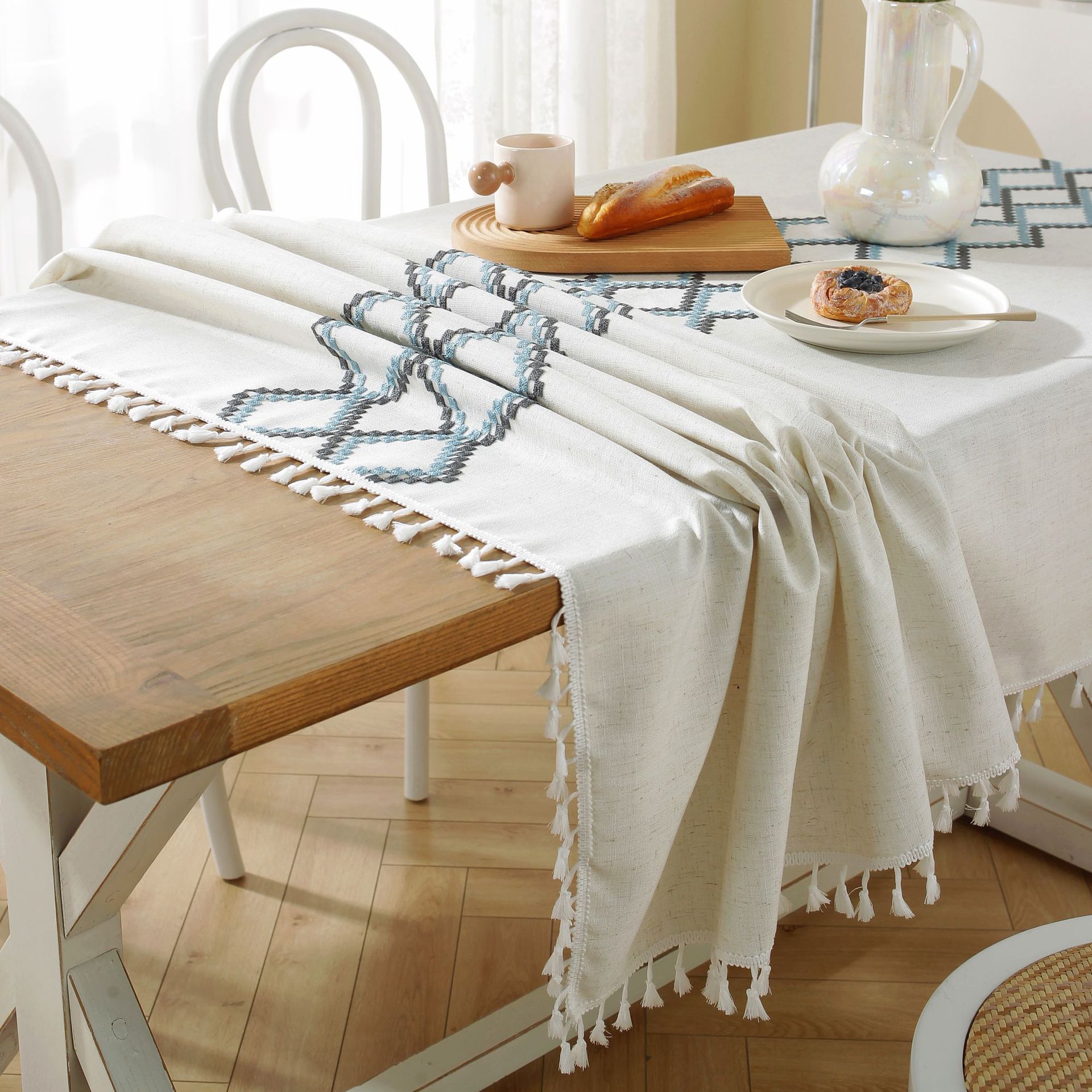 New linen embroidered cross tablecloth, solid color tablecloth, coffee table pad, cotton and linen decorative table, ins style bestseller, rectangular pic 4