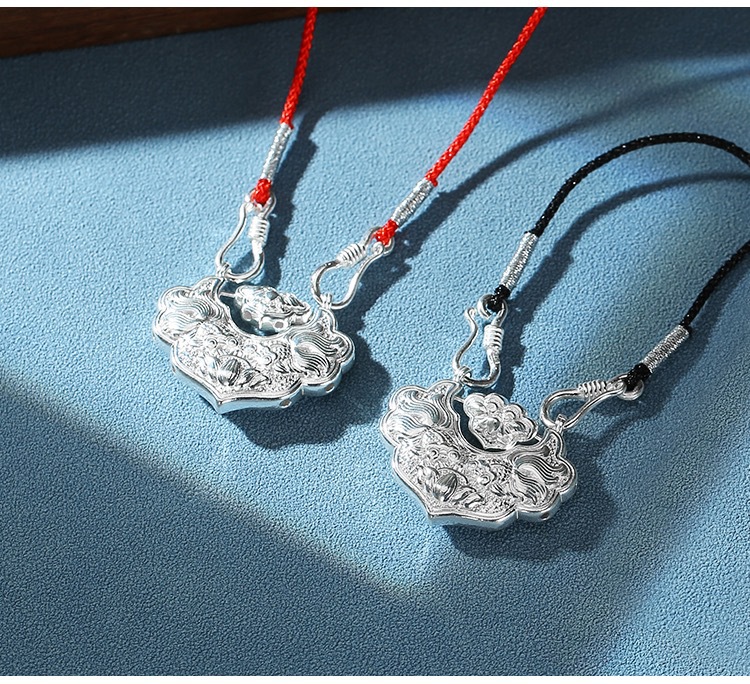 足银999锦鲤锁银莲花国风平安锁编织纯银项链双鱼如意长命锁锁骨详情12