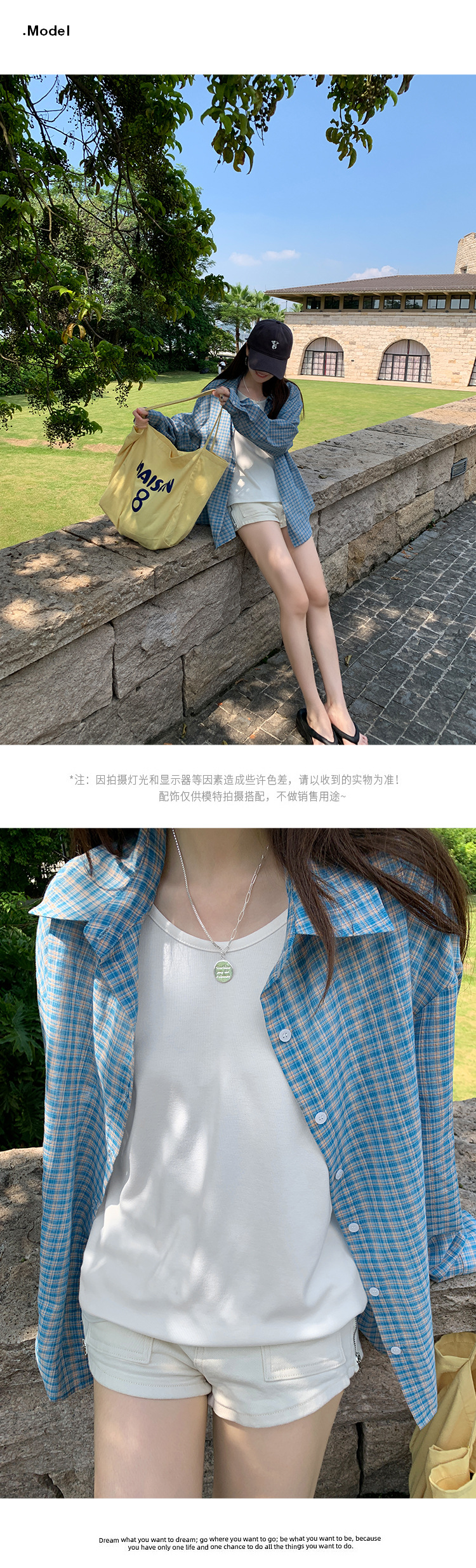 Blue checkered loose long-sleeved shirt for women, summer loose and laid-back style, polo collar sun-protective early autumn shirt jacket pic 7