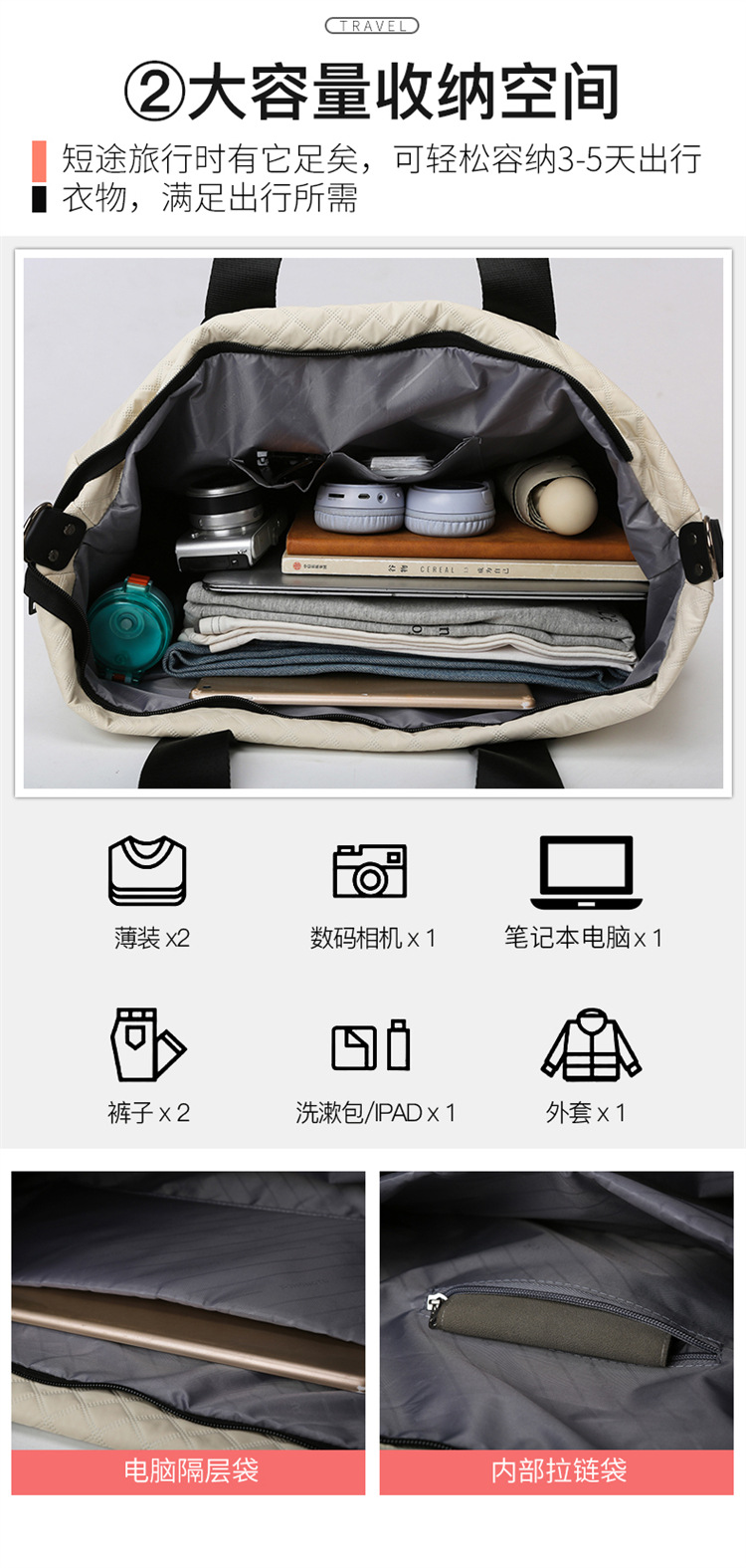 旅游手提包女时运动健身包尚韩版菱格跨境出门短途大容量旅行包详情9